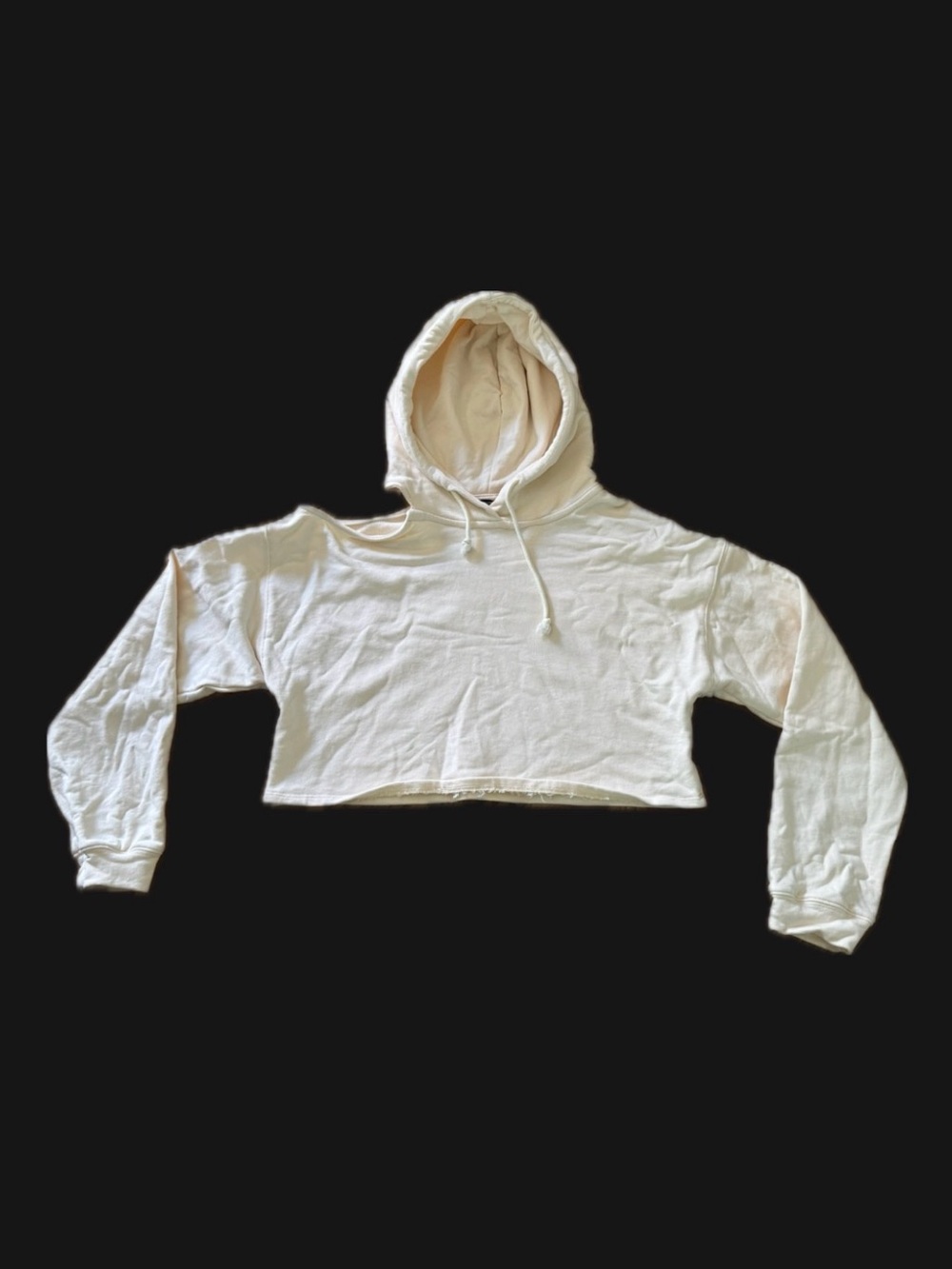 Papermoon - Cream - Cropped, One Open-Shoulder - Hooded Sweatshirt